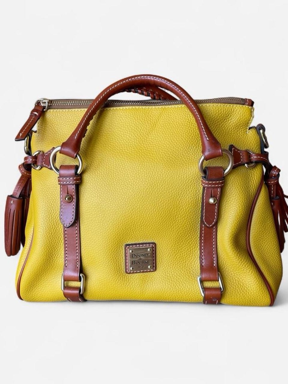 Dooney & Bourke Mustard Yellow Pebbled Leather Satchel with Brown Trim